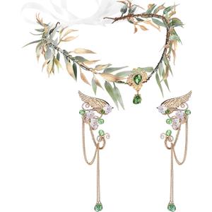 Zeyune Halloween Elves Cosplay Set Fairy Flower Crown Headpiece Elf Ears Cuffs Renaissance Costume Leaf Elves Wings Ear Cuff (Green)