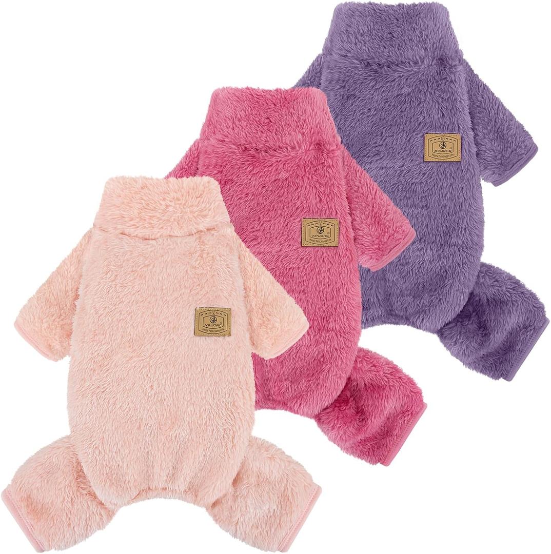 XPUDAC 3 Pack Dog Sweater Dog Winter Clothes for Small Medium Dogs Girl Fleece Pet Pajamas for Winter Christmas - S（Purple, Hot Pink, Pink)