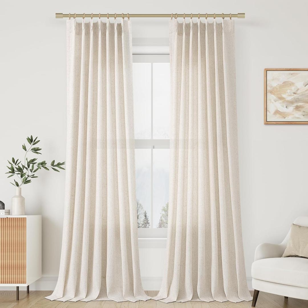 Pleated Linen Curtains 96 Inches Long for Living Room 2 Panel Set Cream Ivory Beige Semi Sheer Light Filtering Pinch Pleat with Hooks Back Tab Drapes Neutral Boho 96 Inch Curtain for Bedroom Window