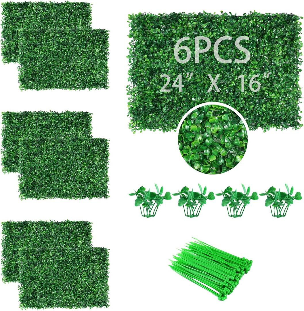 6PCS Artificial Boxwood Panels Grass Wall Backdrop, 24" x 16" Faux Hedge Wall Panels Privacy Fence UV Protection for Indoor, Wedding, Party, Outdoor Garden, Backyard Fence Decoration