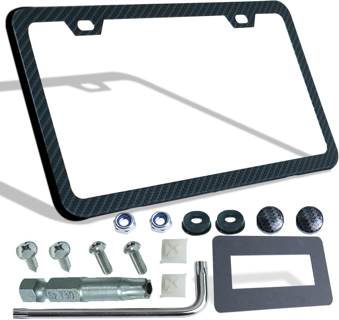 Carbon Fiber License Plate Frame, Carbon Patterns Printed Black Aluminum Plate, Upgraded 1.5mm Thickness, 2 Holes Slim Edge, Stainless Steel Anti-Theft Screws, Crash Pad, 1 Pack