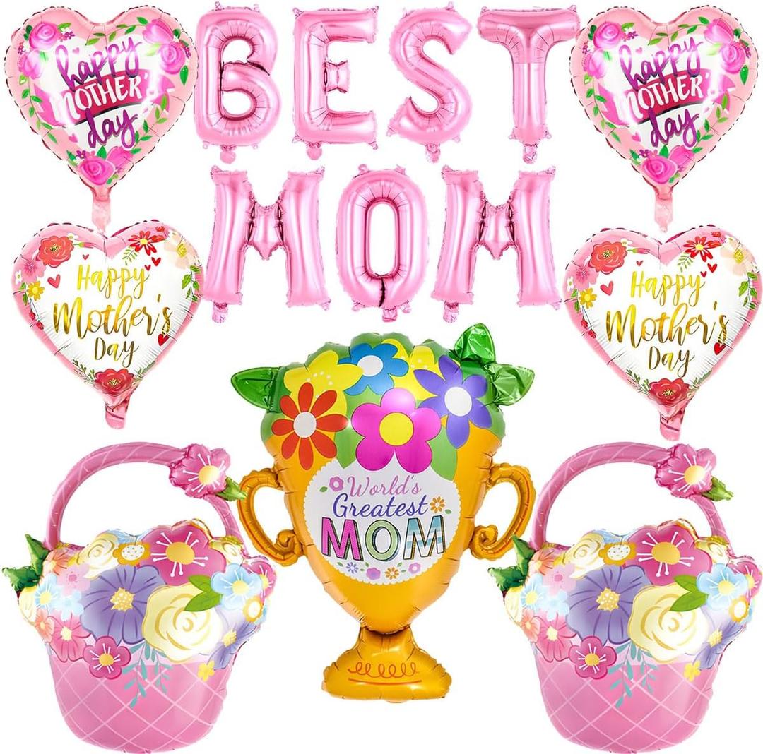 BEST MOM Balloons - 16 Inch Pink Flower Heart Balloons Mothers Day Balloons for Mothers Day Decorations Supplies