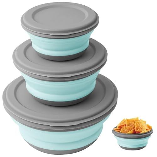 flintronic 3Pcs Collapsible Camping Bowl Sets, Portable Silicone Bowl with Lid, Folding Bowl, Portable Salad Bowl, Folding Lunch Box for Camping, Kitchen, Hiking,Missing 1Pcs