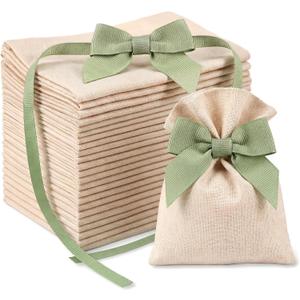 Windyun 30 Pcs Small Burlap Gift Bags with Sage Green Bow, 6x4 Inch Rustic Boho Drawstring Favor Pouches, Reusable Linen Gift Bags for Wedding Bridal Shower Baby Shower Birthday Party Favors