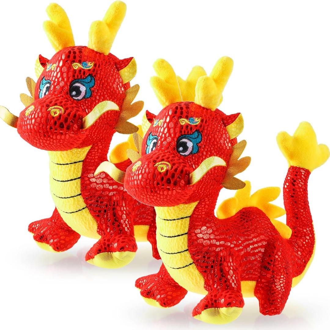2 Pcs Chinese Dragon Plush 2026 Year of The Dragon Stuffed Animal Plush Chinese New Year Plush Decoration Mascot Doll Plushies for Spring Festival Bedtime Gift Bed Rest Chair Table Decoration(Lucky)