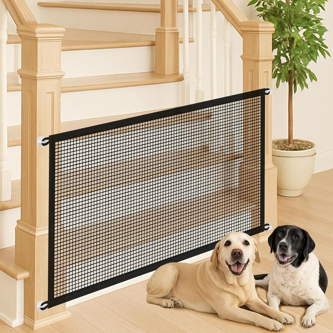 Pet Gate Mesh  No-Drill Easy Install, Good Helper,Portable Folding Dog Safety Fence for Stairs & Doorways, 43.3 W x 28.3 H with 4 Adhesive Hooks