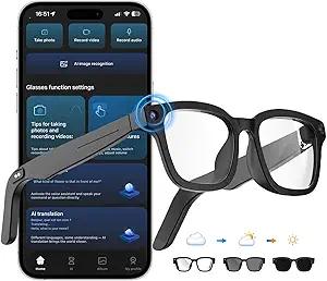 Oucscru AI Smart Glasses with ChatGPT, 8MP Camera Glasses with Camera and Audio, AI Translation Sunglasses with 164 Languages, Bluetooth Sunglasses with Voice/Calling, 8Hour Music, Photochromic Lens