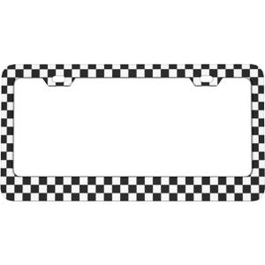 Black and White Checkerboard License Plate Frame, Car Tag Frame Aluminum Auto Decorative License Plate Holder for Men Women (2 Holes & Screws, 6 X 12 in)
