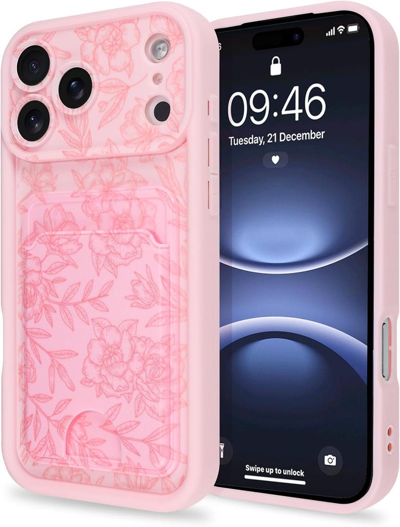 MZELQ Compatible with iPhone 17 Pro Max Case 2025 Silicone Card Holder, Cute Pattern Rose Flower Floral Cover for Girls Women -Pink