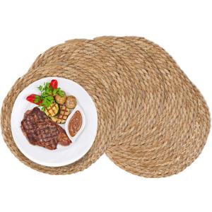 GENMOUS Woven Placemats Set of 6, 13" Round Placemats Natural Water Hyacinth Boho Placemats, Farmhouse Rattan Chargers for Dinner Plates,Rustic Braided Wicker Table Mats for Dining Table,Home,Wedding