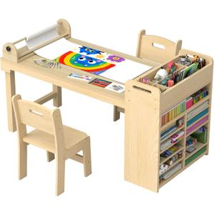 45.3L x 23W Kids Art & Craft Table and 2 Chairs Set, Paper Roll Rack and Portable Supply Organizer, Art Desk and Craft Tables for Kids,Toddler Activity and Coloring Table with Storage(Oak)