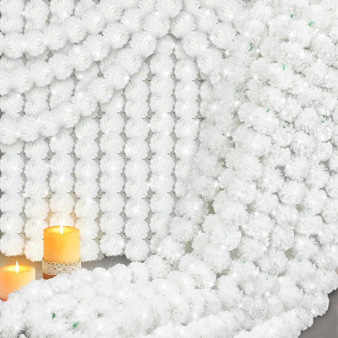 Daifunli 10 Pack Artificial White Marigold Garlands for Decoration, 5 Feet Long Each, Diwali Decorations for Home Neutral Faux Diwali Festival Decoration for Indian Pooja Wedding Home Party Decor