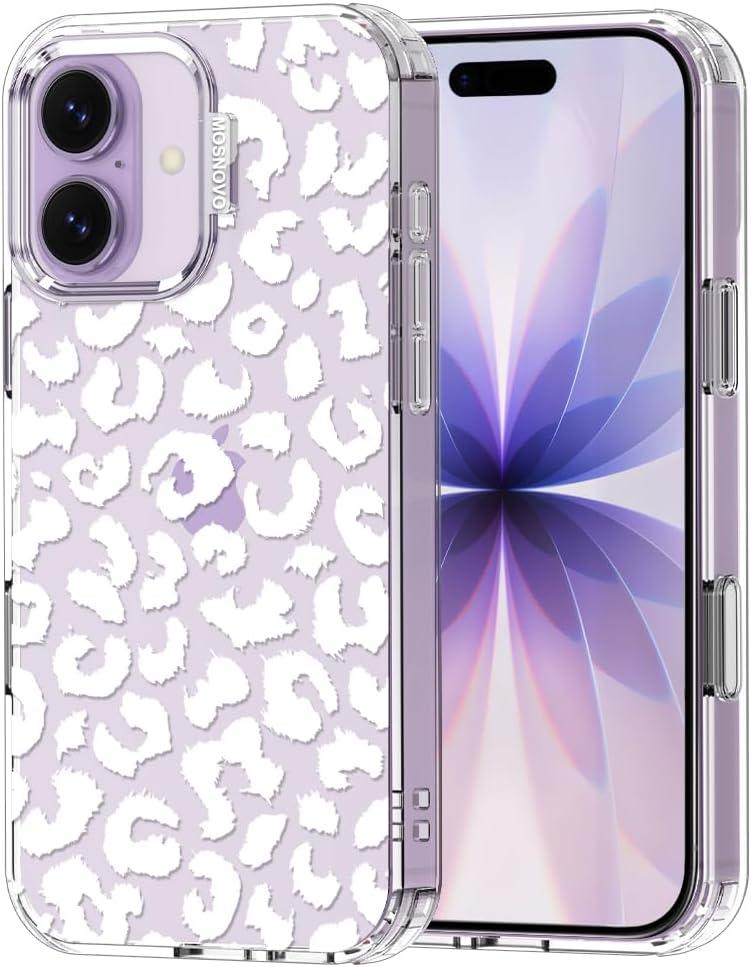 MOSNOVO for iPhone 17 Case | Military Grade 6.6ft Drop Tested | Camera Control | Clear with White Leopard Print Design