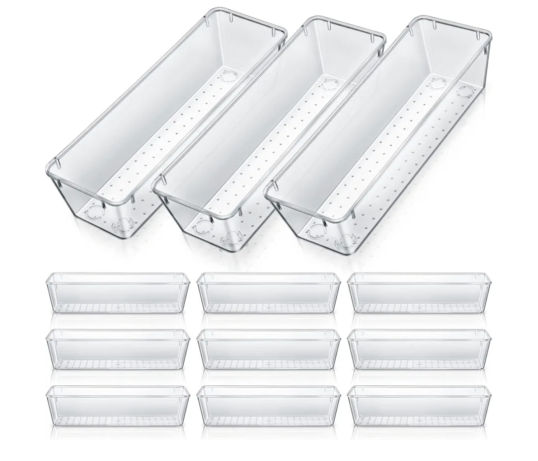 Maitys 12 Pcs Clear Drawer Organizer 9 x 3 x 2 Inches Plastic Rectangle Trays Makeup Vanity Storage Bins and Kitchen Drawers Dividers for Office Desk Silverware Kitchen Utensils(Clear)