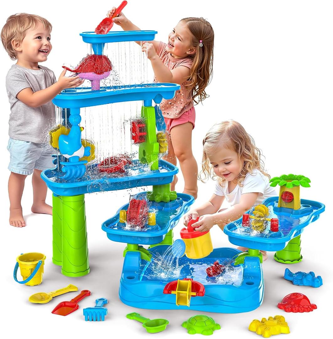 Water Table for Kids Ages 3-5 4-8, 6-Tier Rotatable Rain Shower Splash Pond Toddler Water Table with 13Pcs Sand Toys, Outdoor Sensory Toys for Summer Beach Backyard Activity