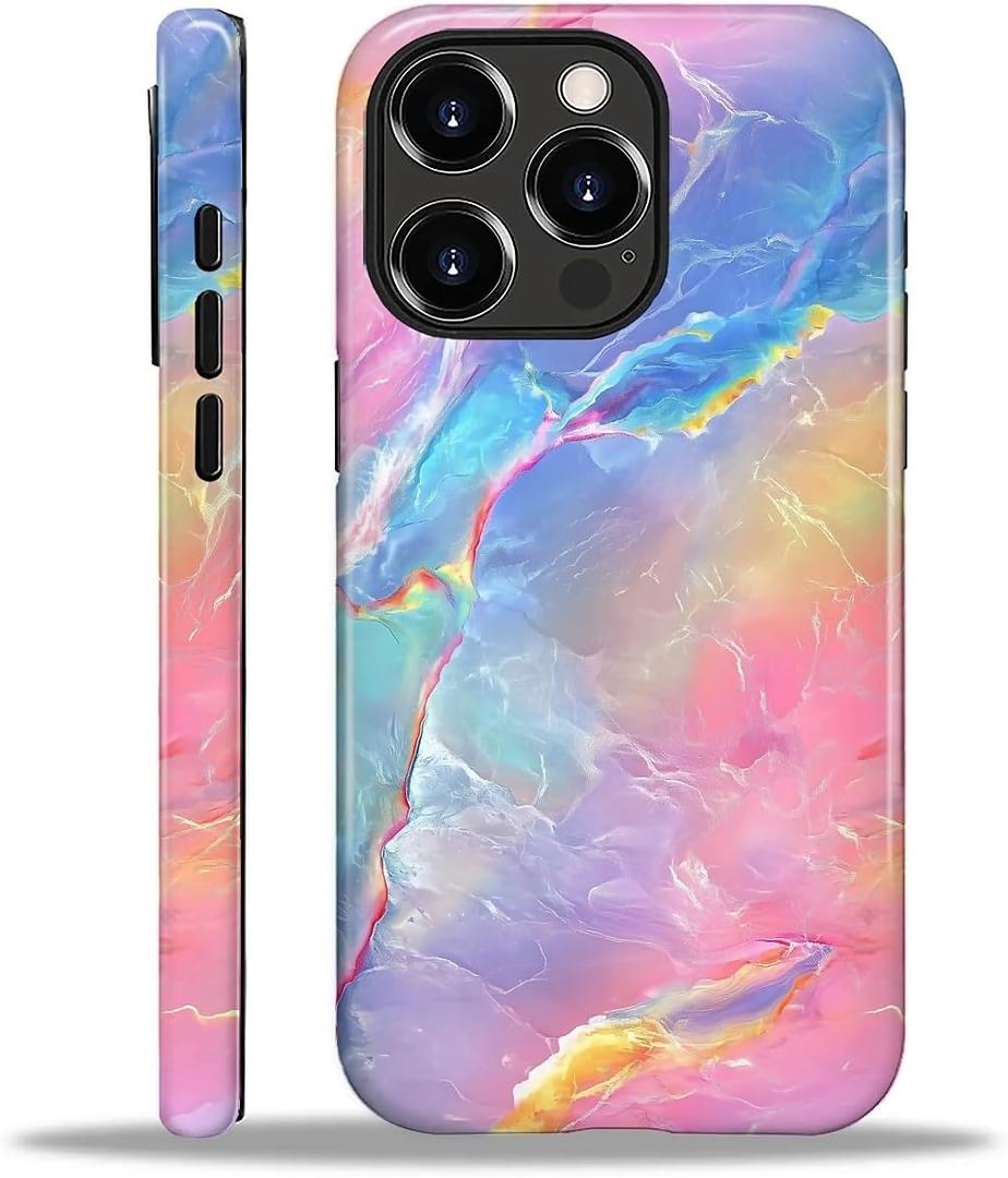 Compatible with iPhone 16 Pro Case - Dual-Layer Protection, Hard Shell with Silicone Interior,Slim Scratch Resistant Shockproof for Woman Men - Pink and Blue Marble