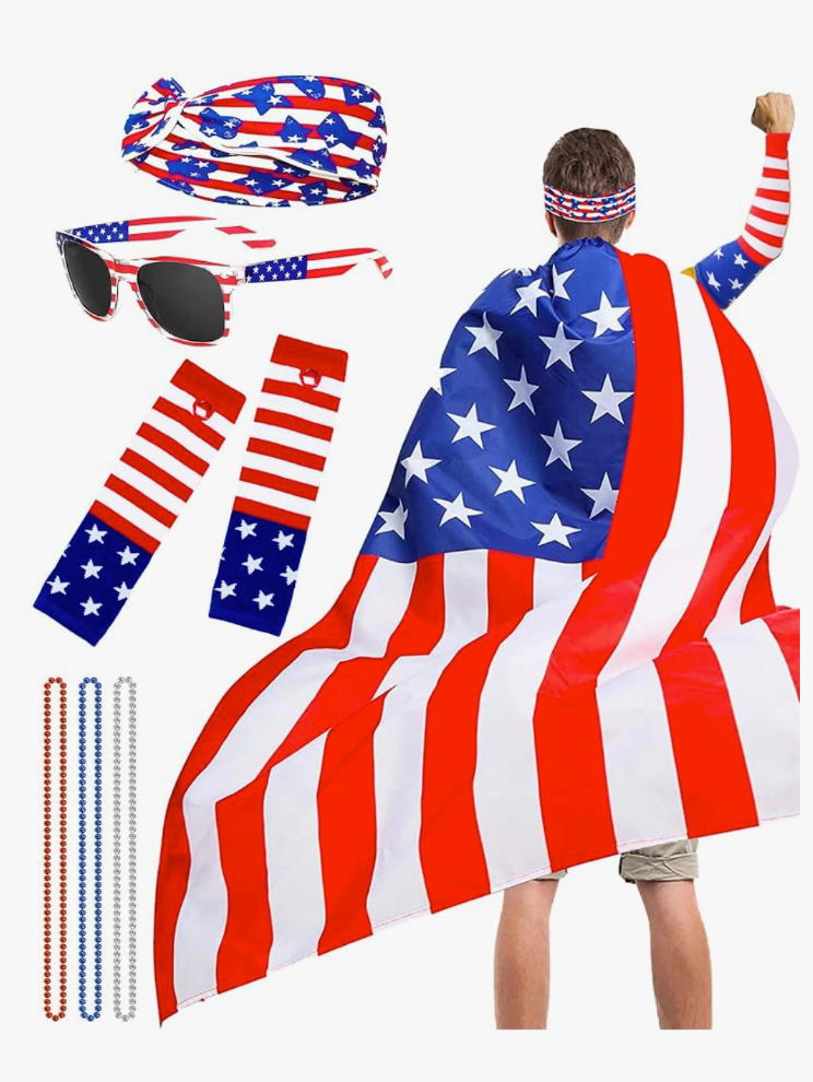 American Flag Cape Costume, 4th of July Outfits Patriotic Flag Cloak Set for Adult 4th of July Celebration Halloween Party Accessories
