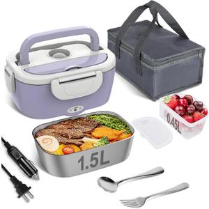 Vabaso Electric Lunch Box Food Heater, Electric Heating Lunch Boxes Lunch for Adults/Men/Car/Truck, 80W 1.5L Removable 304 Stainless Steel Container, 110V/12V/24V, with Fork & Spoon (Light Purple)