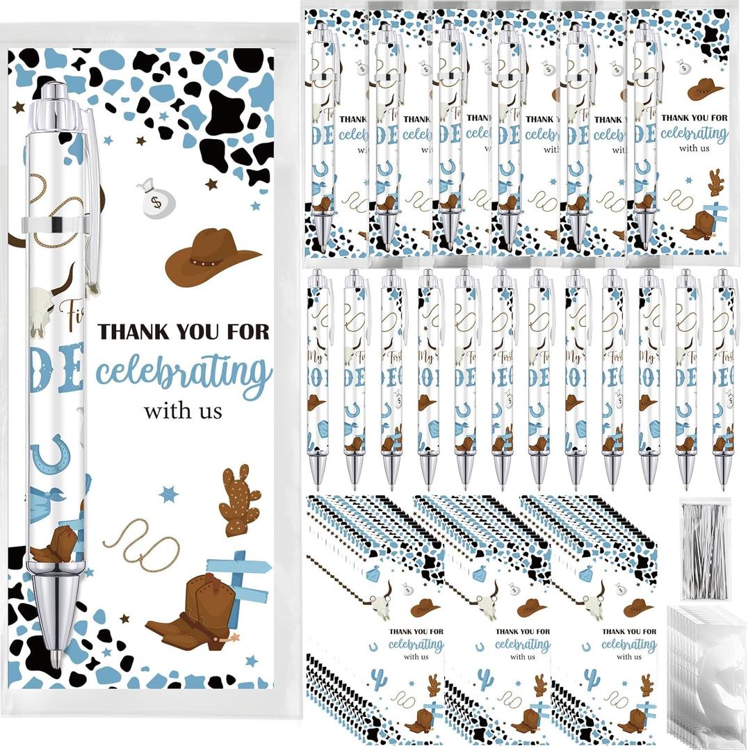 50 Sets Cowboy Baby Shower Pens Favors for Guests Ballpoint Pens with Thank You Bookmarks Western Cowboy Party Favors Return Gifts My First Rodeo for Guests Gender Reveal Supplies