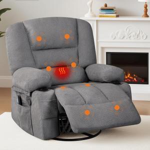 Oversized Wide Recliner Chair-Heat and Vibration Massage, 360 Swivel Rocker Chair for Adults, Chenille Fabric Manual Recliner with Cup Holders & Side Pocket for Living Room, Bedroom, Grey