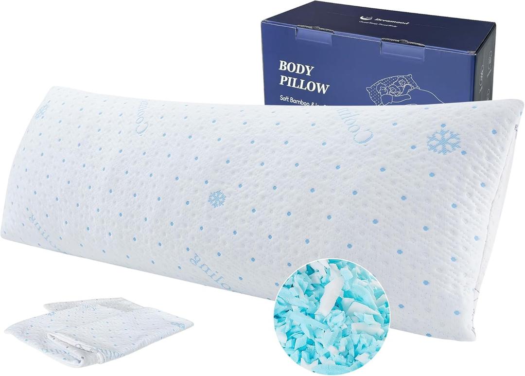 Cooling Body Pillow with Pillowcase, Adjustable Shredded Memory Foam Pregnancy Long Full Bed Body Pillows for Adults Side Sleeper - with Washable Soft Cooling Double-Sided Cover, 20x54 inch (Blue)