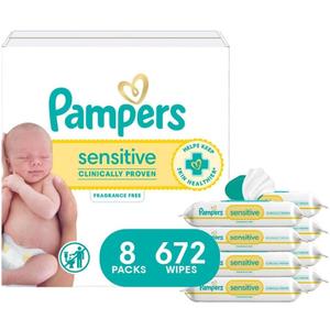 Pampers Sensitive Baby Wipes, Water Based, Clinically Proven, Hypoallergenic, and Unscented for Babies, 672 Wipes Total (8 Flip-Top Packs) 