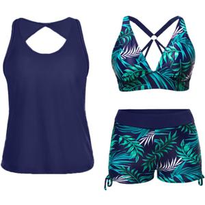 Yonique 3 Piece Tankini Swimsuits for Women Swim Tank Top Bathing Suits with Boy Shorts and Bra Athletic Swimwear (X-Large, Navy Blue Green Leaf)