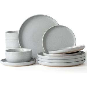 Famiware Milkyway Plates and Bowls Set, 12 Pieces Dinnerware Sets, Dishes Set for 4, Light Gray