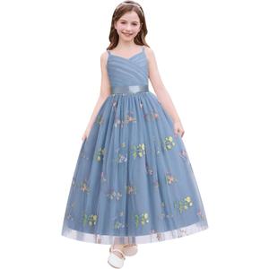 IDOPIP Flower Girl Dress for Wedding Formal Pageant Dresses for Girls Junior Bridesmaid First Communion Birthday Tulle Gown (7-8 Years, Dusty Blue)