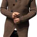 Esobo Mens Long Hooded Cardigan Button Up Knit Sweater Long Sleeve Cardigan Sweaters with Pockets (Medium, Brown)