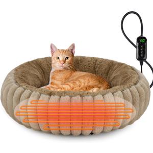 INVENHO Heated Cat Beds for Indoor Cats and Small Dogs, 20" Cozy Donut Heated Pet Bed with Timer & Temp Adjustable, Removable Waterproof Electric Warming Bed for Indoor Cat
