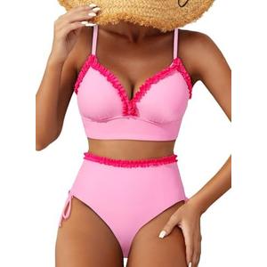 Herseas Women's Splice Ruffle Trim Bikini Sets Tie Side Swimsuits High Waisted Bathing Suits XL