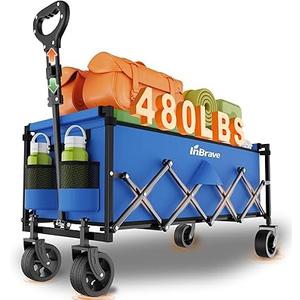 InBrave Extra Long Collapsible Wagon Cart, 480LBS Heavy Duty Utility Wagons with AllTerrain Wheels, Foldable Grocery Carts for Gardening, Shopping, Beach, Camping, Blue
