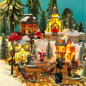 Wettarn 26 Pcs LED Christmas Villages Houses Sets Xmas Figurines Decoration Lighted LED Christmas Village Houses Building Collectible Home Decoration Xmas Gifts Indoor Room Decor