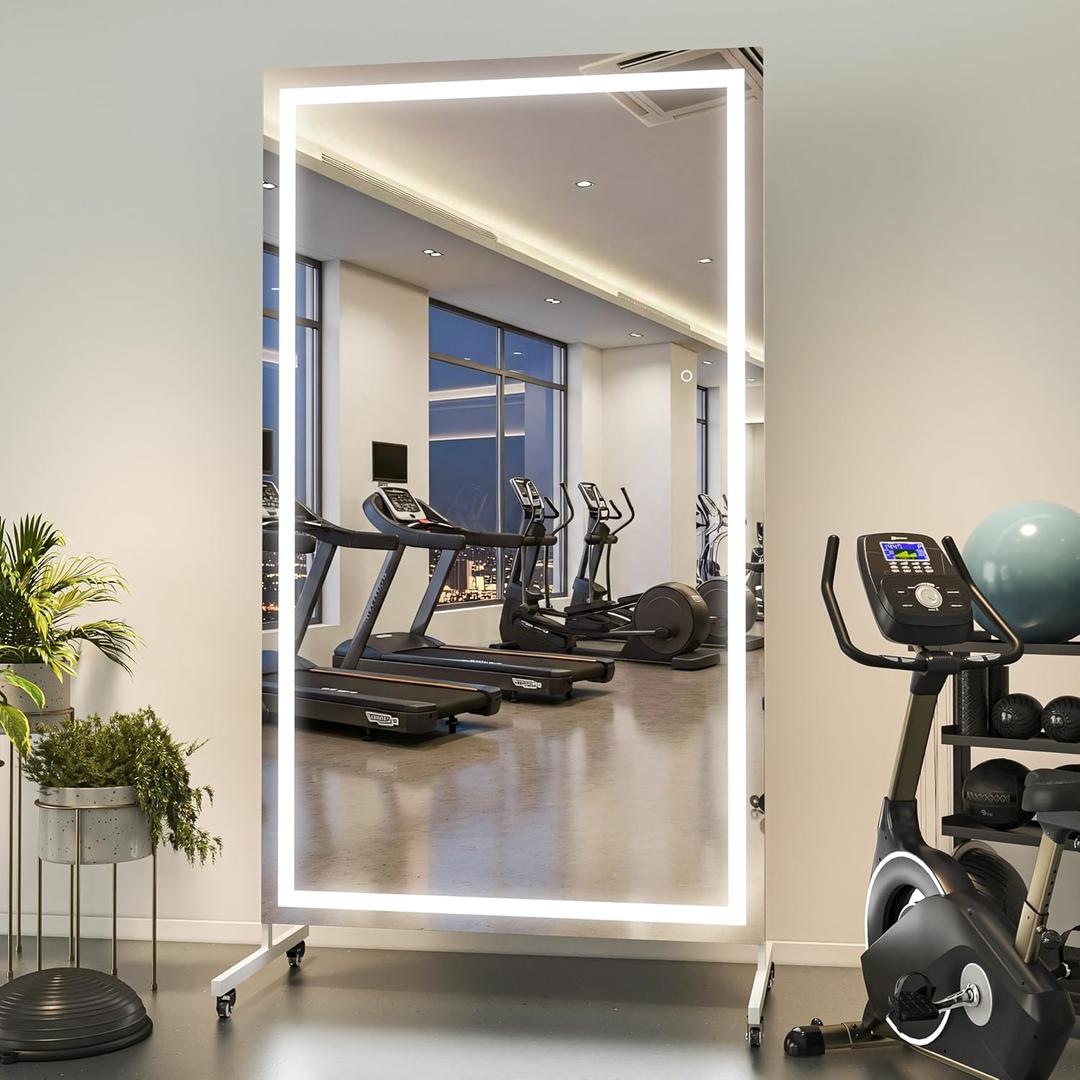 Hasipu Home Gym Mirror with Light 360 Swivel on Wheels, 67" x 40" Extra Large Full Length Rolling LED Mirror for Yoga Studio, Bedroom, Dancing Studio, White