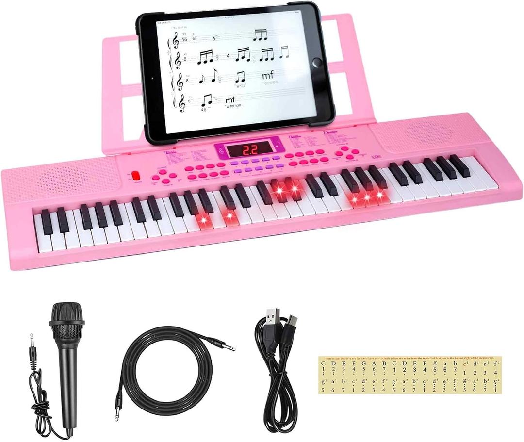 Kids Keyboard Piano, 61 Light-up Key Electric Piano Musical Learning Toy for Beginners with Microphone, Music Stand, Notekey Sticker, Birthday Xmas Gift for 3-10 Years Old, Pink, 26.8 Inches X 7.9 Inches X 2.2 Inches