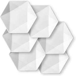 DELLING 7 Inch Appetizer Plates Set of 6, Porcelain Small Dessert Plates, White Ceramic Salad Plates for Snacks Bread Cheese Fruit, Microwave Dishwasher Oven Safe, Geometric Design