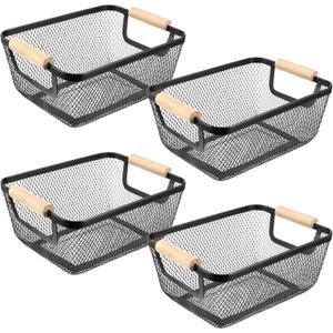 Ziliny 4 Pcs Metal Wire Basket with Wooden Handles Mesh Steel Storage Organizer Bin Containers for Home Organizing Cabinet Pantry Closet Kitchen Fridge Fruit Makeup Snacks Gifts(Small,Black)