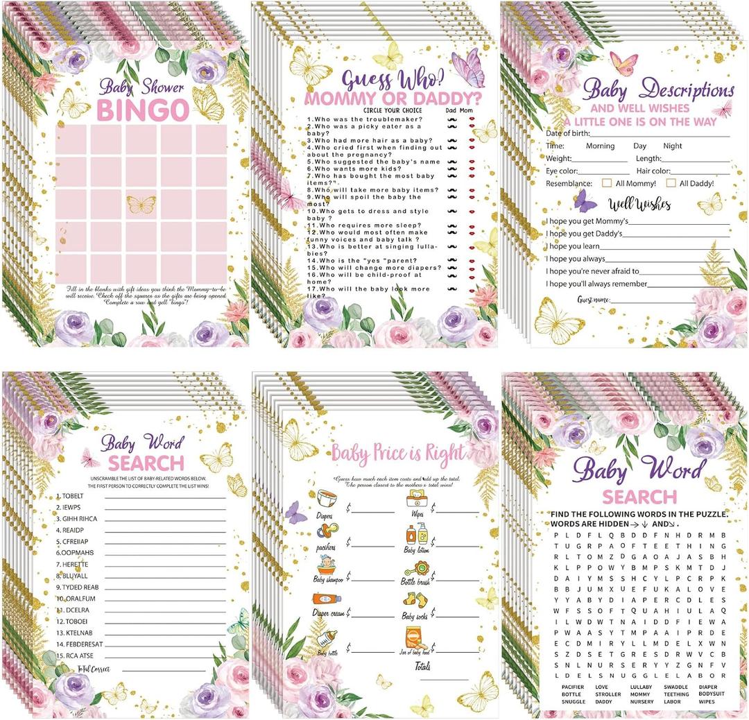 Sherr 320 Pcs Purple Butterfly Baby Shower Games: 6 Games Each 50 Sheets with 20 Pencils, Includes Baby Descriptions and Wishes, Guess Who, Bingo, Word Search