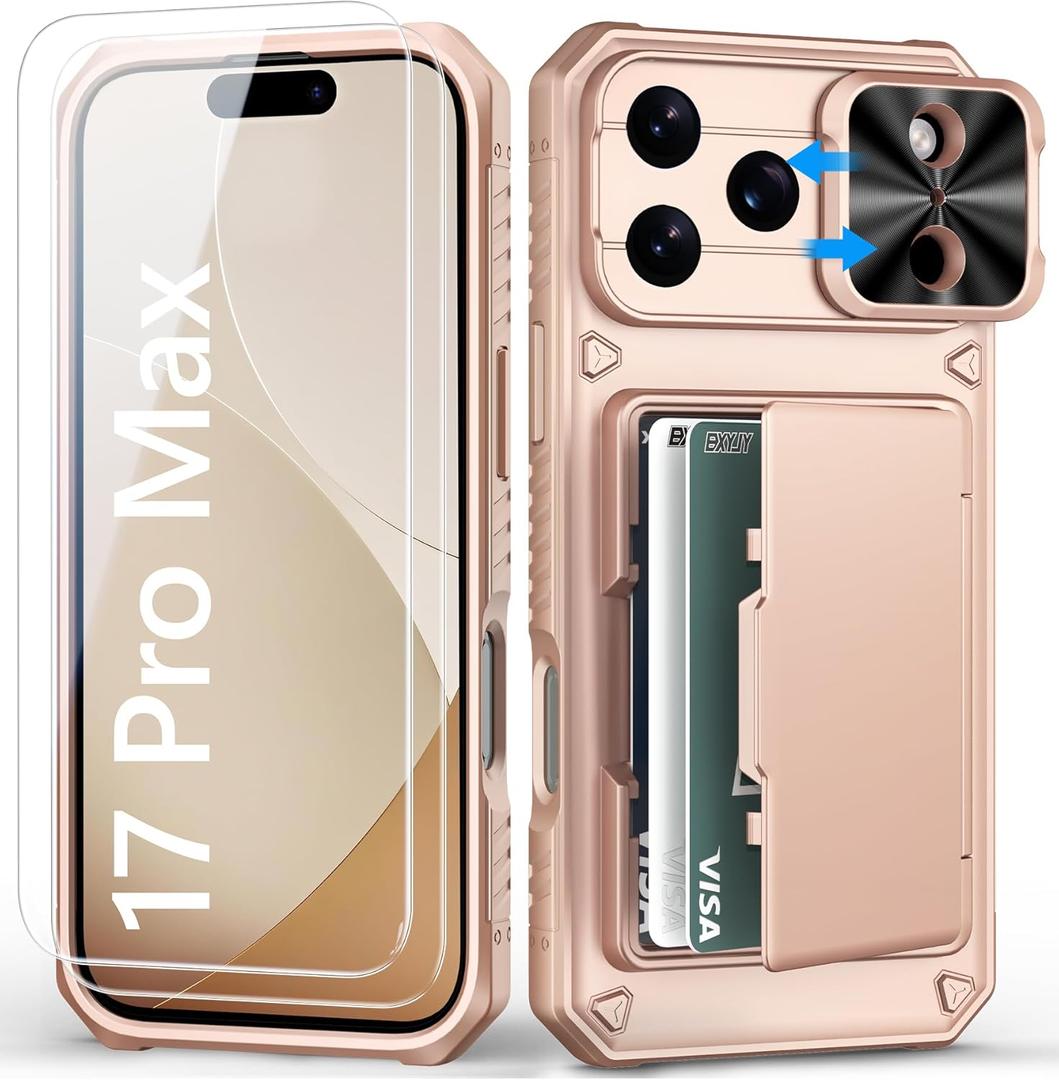 for iPhone 17 Pro Max Case Wallet with Screen Protector (Tempered Glass), Slide Camera Cover, Card Holder (4-5 Cards), Military Grade Heavy Duty Men Women Case for iPhone 17Pro Max, Rose Gold