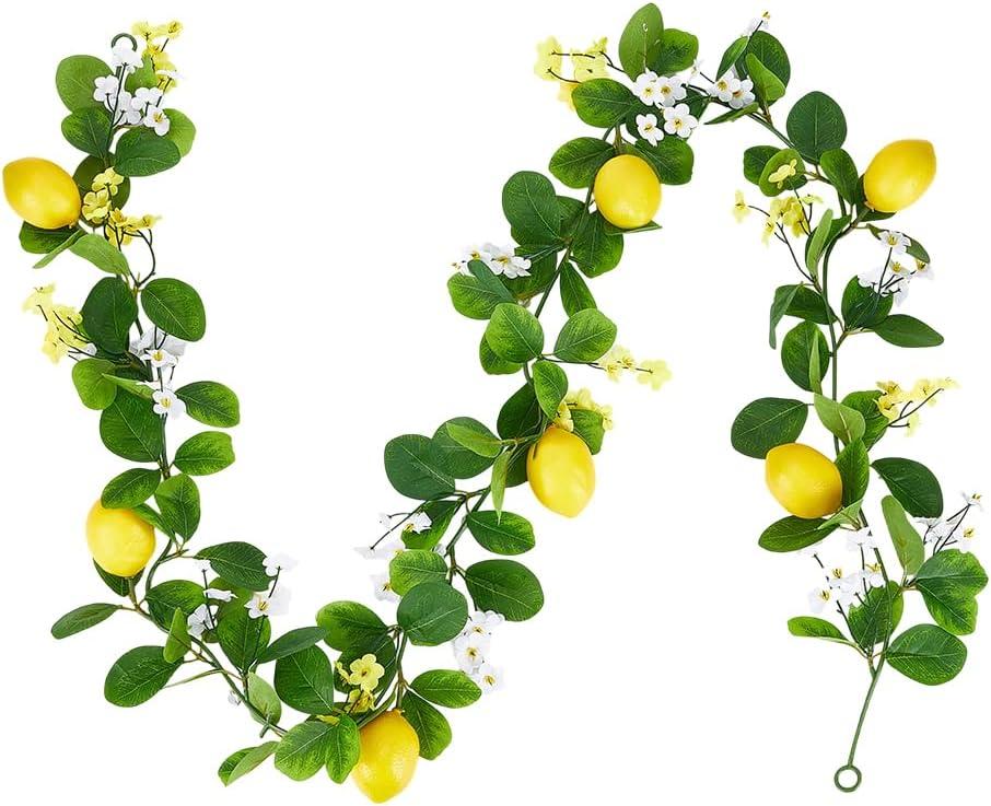 PH Pandahall Artificial Lemon Garland, 5.3 Ft Summer Fake Fruit Garlands Lemon Green Leaves Flower Faux Lemon Greenery Vines Garland for Door Wall Stairs Mantle Home Party Wedding Decor