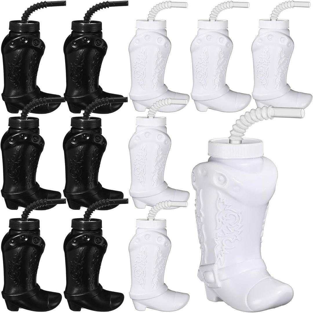 Hoolerry 10 oz Plastic Cowboy Boot Cups with Straws and Lids Plastic Cowboy Cups for Western Themed Party Supplies and Rodeo Party Decorations(Black, White,12 Pcs)