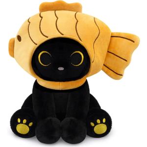 Fish Stuffed Animal Cat Plush, 8inches Black Cat Plush with Brown Taiyaki Hood Removable, Kawaii Stuffed Kitten Doll Toy Cute Plushies for Girls Kids BoysChristmas Birthday Gifts