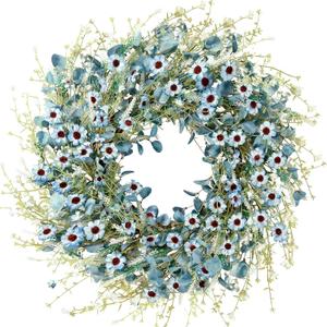 Sggvecsy Blue Daisy Wreath 24 Inch Spring Summer Fake Silk Floral Wreath with Green Eucalyptus Leaves and Lavender for Front Door Window Wall Wedding Farmhouse Festival Decor