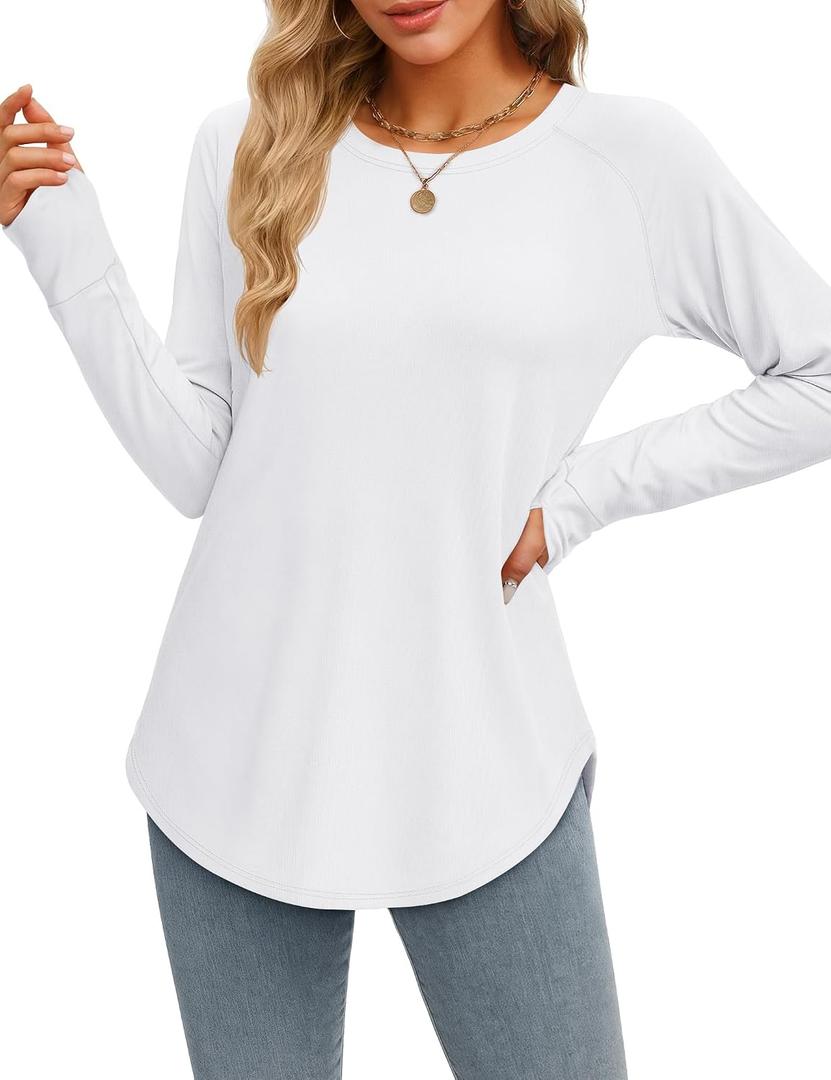 YUCOLEN Womens Long Sleeve Shirts with Thumb Hole Tunic Tops to Wear with Leggings Loose Fit with Crew Neck Curved Hem (White)