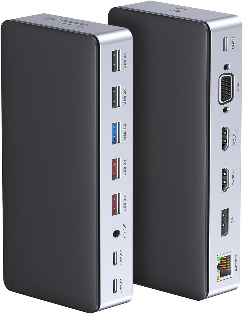 USB C Docking Station Dual Monitor, 16 in 1 Multiport Adapter Hub with Triple Display (2 HDMI, DP, VGA, 2 PD 100W & 18W, RJ45, USB C&A, SD/TF, Mic/Audio)