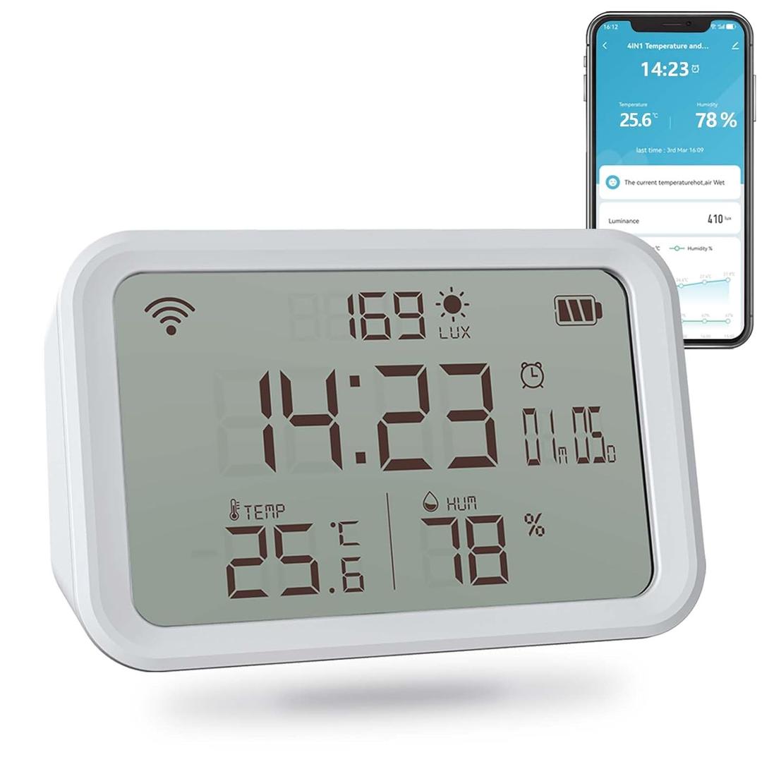 WiFi Thermometer Hygrometer, Smart Indoor Bluetooth Temperature Humidity Sensor with App Alerts, Temperature Humidity Time & Light Monitoring 4-in-1 Perfect for Greenhouse Home RV Wine Cellar