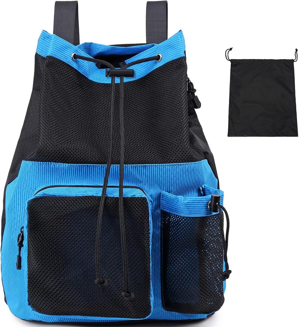 Lohol Large Mesh Drawstring Backpack with Shoe Bag, Durable Swimming String Sack with Handle for Sports Gym Yoga Beach Travel (Blue)
