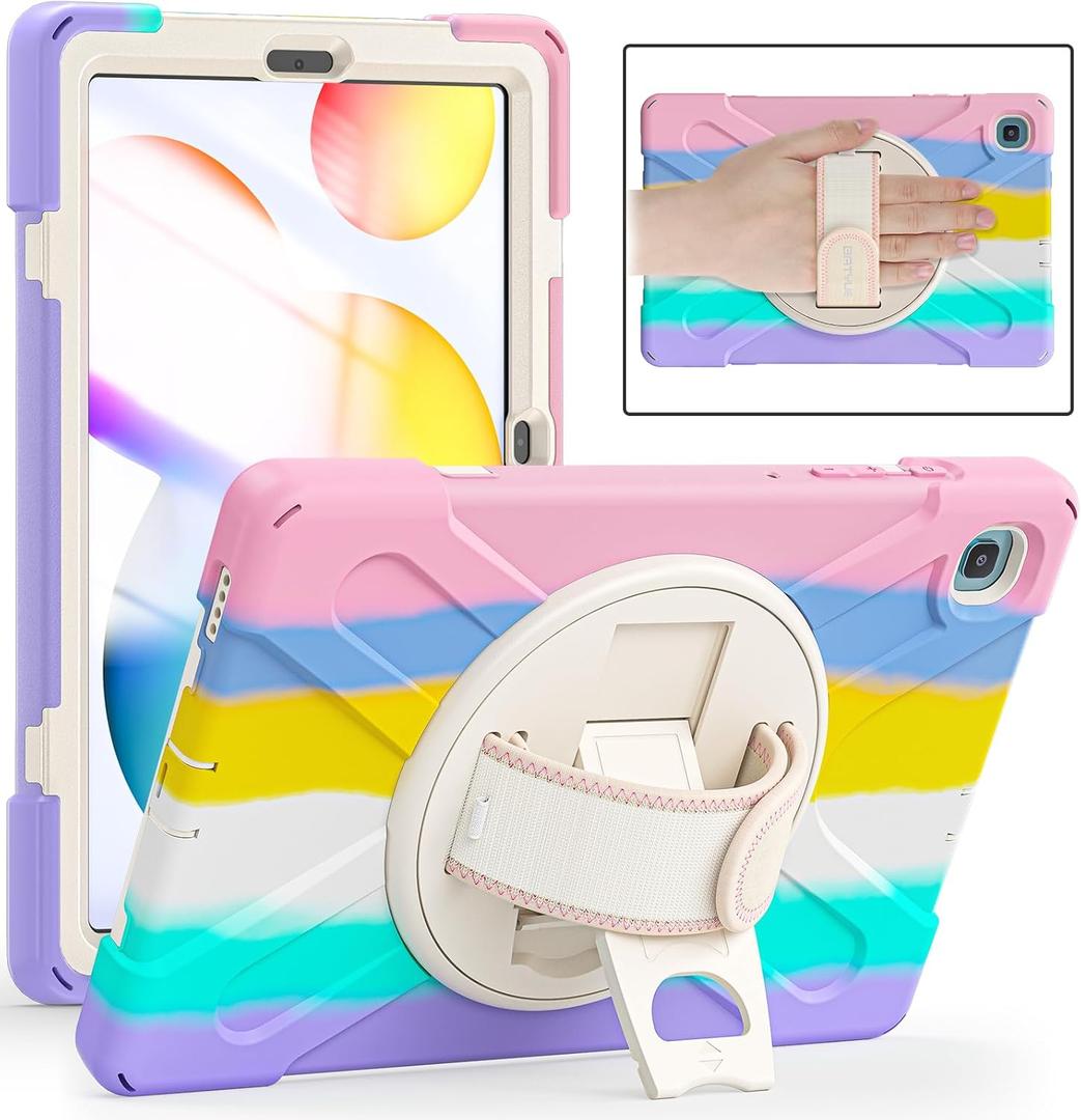 BATYUE Case for Samsung Galaxy Tab S6 Lite 10.4 Inch 2024/2022/2020 (SM-P610/P613/P615/P619/P620/P625/P627), Protective Cover with Pencil Holder, Shoulder Strap, Hand Strap, Kickstand (Colourful Pink)