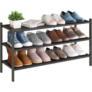 BMOSU 3-Tier Bamboo Extended Shoe Rack Premium Stackable Shoe Shelf Storage Organizer for Hallway Closet Living Room Entryway Organizer(Black)